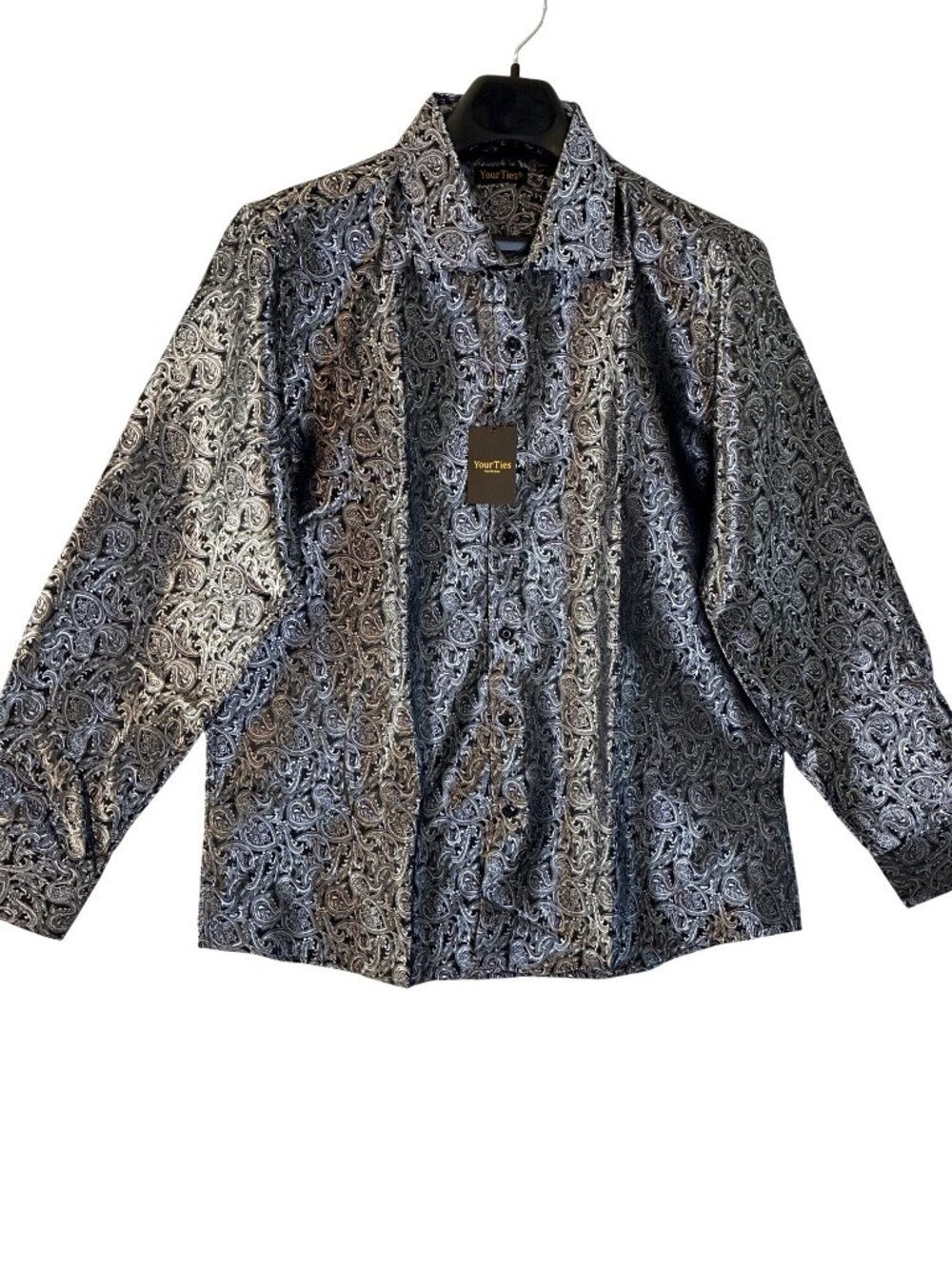 Your Ties Paisley Shirt Black Silver Satin Look Button Front Mens Large Prom